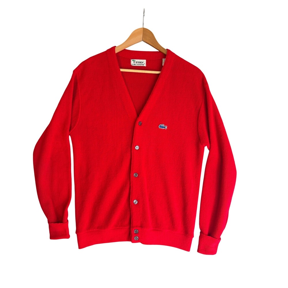 Vintage 70s Izod Lacoste Red Orlon Knit Cardigan Sweater Mens M Retro Golf Croc